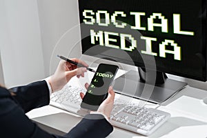 Hand writing sign Social Media. Concept meaning Online communication channel Networking Microblogging