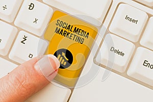 Hand writing sign Social Media Marketing. Concept meaning use of Website and Network to promote Product Service Abstract