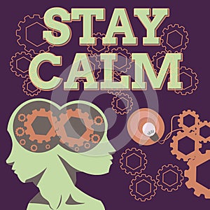 Hand writing sign Stay Calm. Internet Concept Maintain in a state of motion smoothly even under pressure Two Heads With