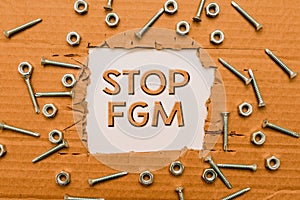 Hand writing sign Stop Fgm. Business overview Put an end on genital cutting and circumcision Smart Office Plans