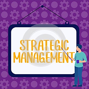 Hand writing sign Strategic Management. Business approach formulation and implementation of the major goals