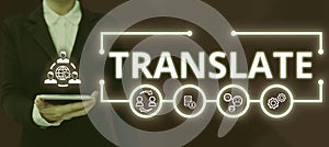 Hand writing sign Translate. Business approach Another word with same equivalent meaning of a target language photo