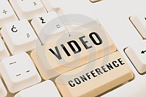 Hand writing sign Video Conference. Word for showing in remote places hold facetoface meetings