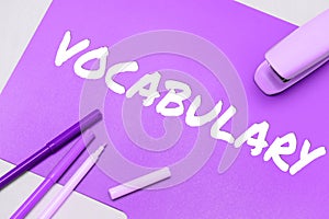 Hand writing sign Vocabulary. Business approach collection of words and phrases alphabetically arranged and explained or