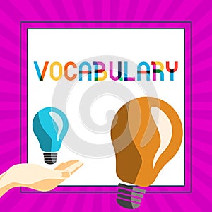 Hand writing sign Vocabulary. Business showcase collection of words and phrases alphabetically arranged and explained or