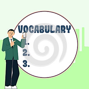 Hand writing sign Vocabulary. Word Written on collection of words and phrases alphabetically arranged and explained or