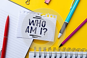 Hand writing sign Who Am I Question. Business showcase asking about self identity or personal purpose in life Flashy