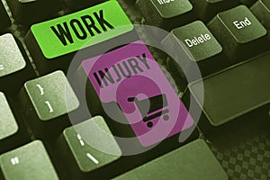 Hand writing sign Work Injury. Business showcase an accident occurred as a result of labor resulting to an damage photo