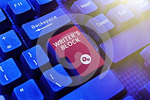 Hand writing sign Writer'S Block. Word for Condition of being unable to think of what to write photo