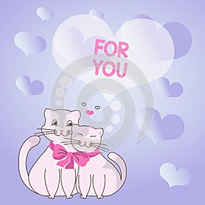 Hand writing sign FOR YOU. Word for Compliment for lover on exchanging gift Happy Valentines Day Cats tied together with