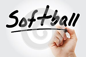 Hand writing Softball with marker