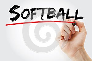 Hand writing Softball with marker