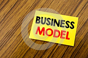 Hand writing text caption inspiration showing Business Model. Business concept for Solution Strategy Plan written on sticky note p