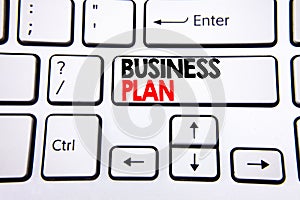 Hand writing text caption inspiration showing Business Plan. Business concept for Mission or Vision written on white keyboard key