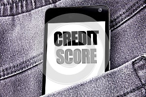 Hand writing text caption inspiration showing Credit Score. Business concept for Financial Rating Record written mobile cell phone