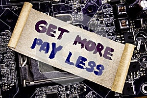 Hand writing text caption inspiration showing Get More Pay Less. Business concept for Budget Slogan Concept Written on sticky note