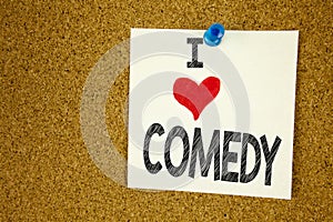 Hand writing text caption inspiration showing I Love Comedy concept meaning Stand Up Comedy Microphone Loving written on sticky no