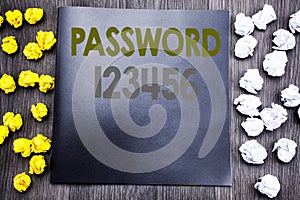 Hand writing text caption inspiration showing Password 123456. Business concept for Security Internet Written on notepad note note