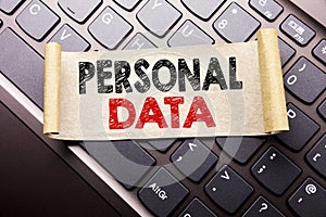 Hand writing text caption inspiration showing Personal Data. Business concept for Digital Protection written on sticky note paper