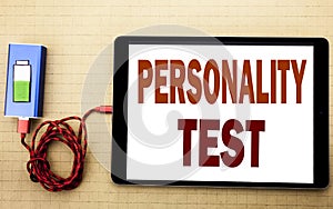 Hand writing text caption inspiration showing Personality Test. Business concept for Attitude Assessment written on tablet laptop