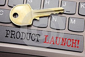 Hand writing text caption inspiration showing Product Launch. Business concept for New Products Start written on keyboard key on t