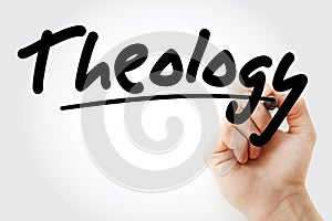 Hand writing Theology with marker