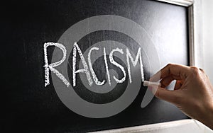 Hand writing the word racism on blackboard. Stop hate. Against prejudice and violence. Lecture about discrimination.