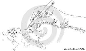 Hand writing World Map Earth Globe Vector line Sketched Up Illustrator, EPS 10.