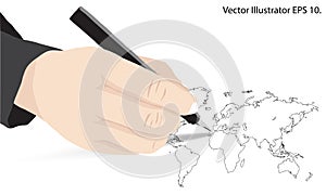 Hand writing World Map Earth Globe Vector line Sketched Up Illustrator, EPS 10.