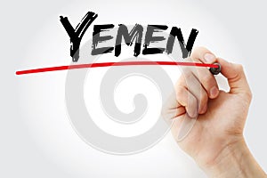 Hand writing Yemen with marker, business concept background