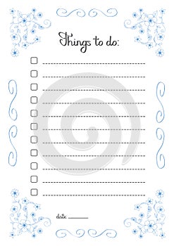 Hand writng Things to do list in blue flower frame, check boxes with lines, vector illustration