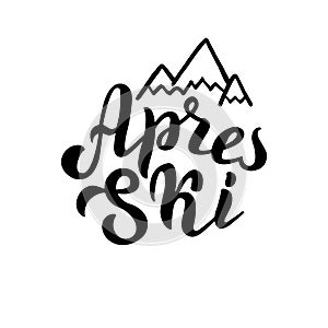 Hand written apres ski logo with mountain silhouette. photo