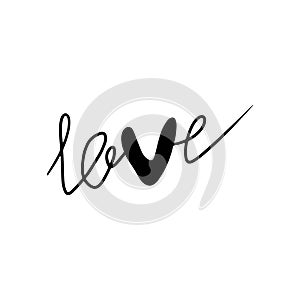 Hand written beautiful word love with heart inside in black isolated on white. Hand drawn vector sketch illustration in doodle