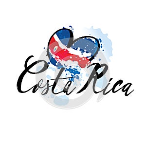 Hand written calligraphic lettering quote Costa Rica with decorative elements in flag colors. Isolated objects on white