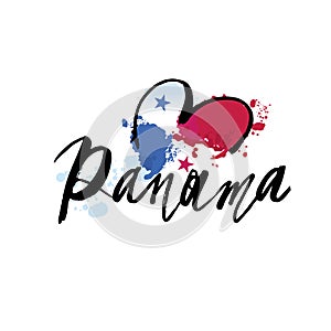 Hand written calligraphic lettering quote Panama with decorative elements in flag colors. Isolated objects on white