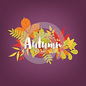 Hand written calligraphic word Autumn against bunch of colorful fallen tree leaves and branches on background. Gorgeous