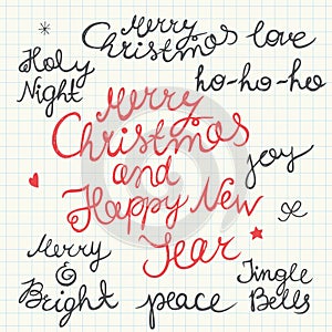 Hand-written Christmas and New Year lettering isolated on white background.