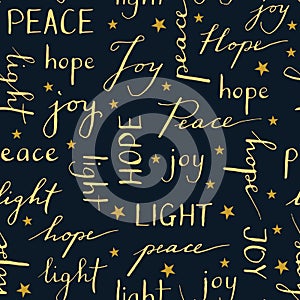 Hand Written Christmas Typography vector seamless pattern Winter Holiday Calligraphy Words Peace Joy Hope Light