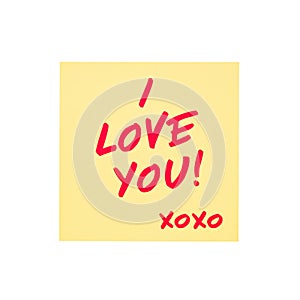 Hand written I love you note with hugs and kisses symbol on yellow sticky paper