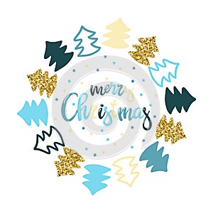 Hand-written inscription Merry Christmas and frame of small christmas trees. Vector background.