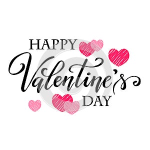 Hand written lettering Happpy Valentine`s day, pink and red hearts on white background, vector illustration
