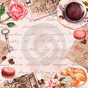 Hand written letters, coffee or tea cup, macaroon cakes, rose flowers, stamps, keys. Vintage card, blank, frame in