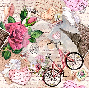 Hand written letters, hearts, bicycle with flowers in basket, vintage photo of Eiffel Tower, rose flowers, postal stamps