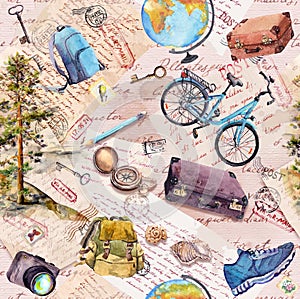 Hand written notes, letters, postcards, postal marks on old paper texture. with tourist equipment - compass, backpack