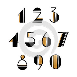 Hand written numeral font set. All arabic numerals are black and gold color. Hand drawn ink brushes numerals retro style.