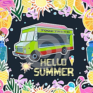 Hand written phrase Hello Summer. Tropical background, Food ice cream truck, exotic flowers, pineapples, orange