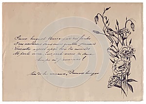 Hand-written poem on old paper background with drawing