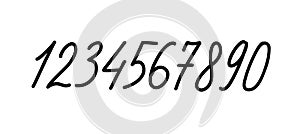 Hand written thin numbers in row. Vector black line lettering isolated on white background.