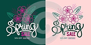 Hand Written Word Spring Sale Vector Background Illustration With Flowers. The Design Of The Banner With A Discount With