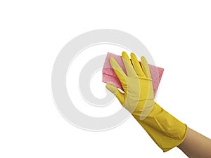 Hand in yellow glove for cleaning , rag isolated house keeping cleanse